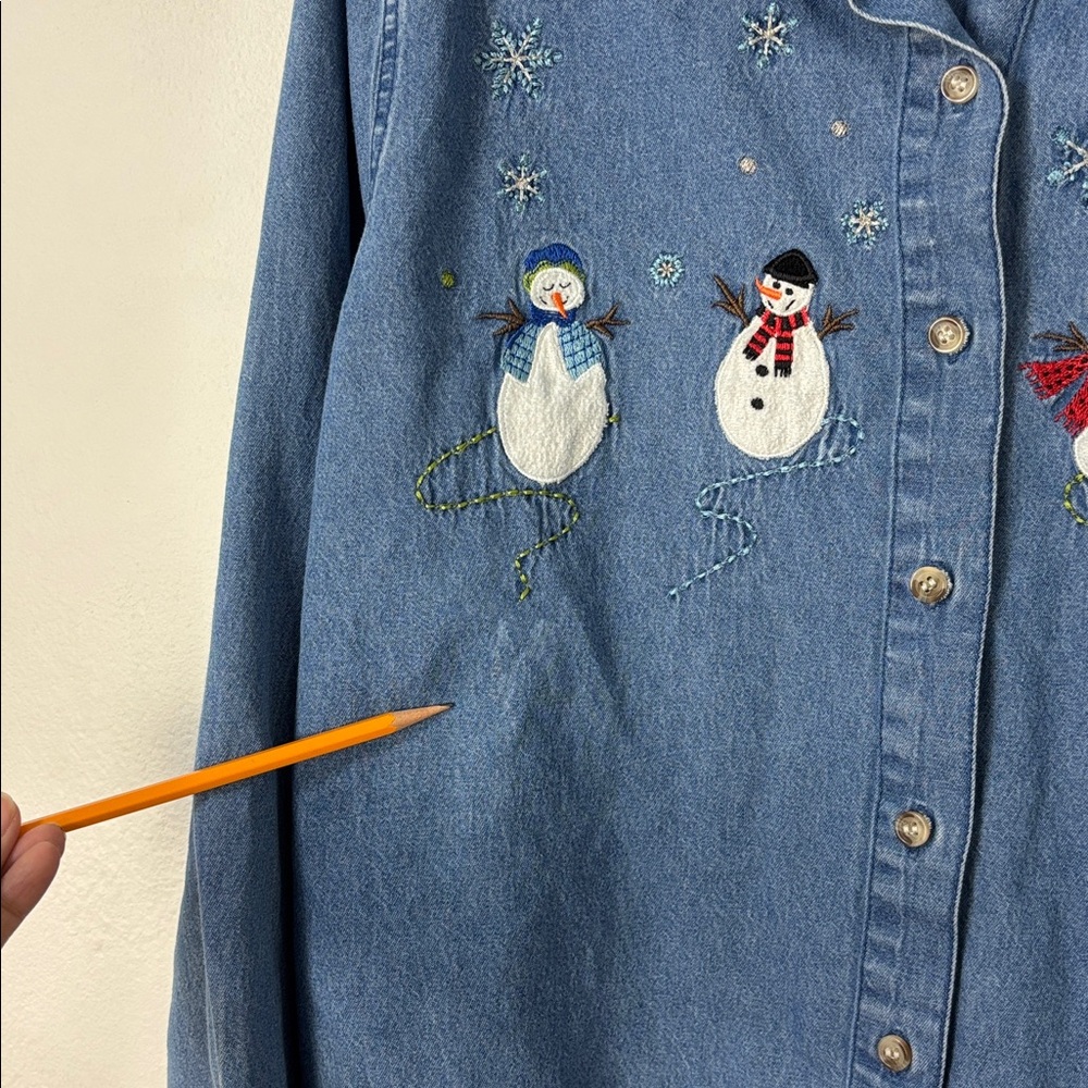 Vtg 90s Button Up Denim Shirt Snowmen Embroidery Women 2X Boho Holidays Novelty - Picture 6 of 9